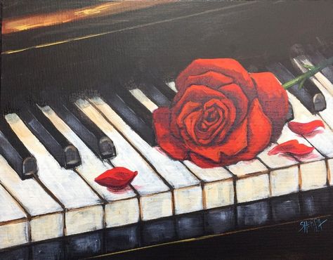 Piano Drawings Aesthetic, Piano And Roses Aesthetic, Simple Red Paintings, Drawing Piano Art Paintings, Piano Canvas Painting, Piano Painting Easy, Acrylic Paints Ideas, Aesthetic Rose Painting, Piano Art Draw