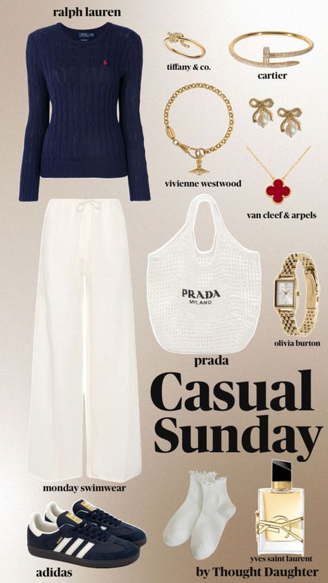 Navy blue outfit, linen pants outfit, sambas outfit, ralph lauren, tiffany & co., yves saint laurent, prada, olivia burton, van cleef & arpels, vivienne westwood, cartier Casual Sunday Outfit, Sambas Outfit, Navy Blue Outfit, Sunday Outfit, Linen Pants Outfit, 60’s Style, Samba Outfit, Monday Swimwear, Olivia Burton