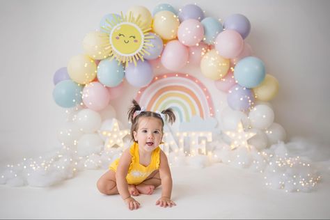 Rainbow Cake Smash Photoshoot, Rainbow 1st Birthday Photoshoot, Sunshine Photoshoot, Sunshine Birthday Cakes, Twin Birthday Cakes, Space Party Decorations, Baby First Birthday Themes, Cake Smash Theme, Baby Birthday Photoshoot