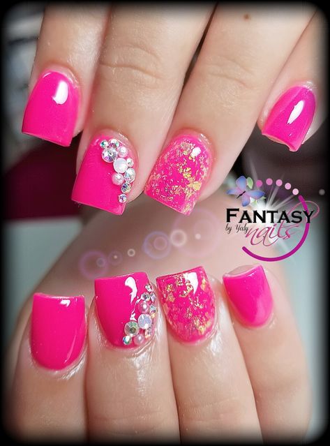 Hot Pink Nails Bling Gel Nails Rhinestones, Hot Pink Bling Nails, Hot Pink Nails With Rhinestones, Hot Pink Nails Short, Short Hot Pink Nails, Pink Diamond Nails, Diamond Pink Nails, Pink Bling Nails, Nails February