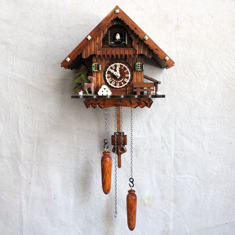 Bring folk art into the home with German made cuckoo clocks. Not a detail was spared in the making of each of these wonderfully whimsical pieces, so be sure to take an up close look. Curtains in windows, mushrooms in baskets, bunnies and fawns in place; there's always something new to spot. Good luck choosing, each is more special than the last! Dimensions: Owl - 10.5" h x 3.25" w x 6.5" d Colorful Chalet - 8" h x 5.5" w x 3.5" d Carved Birds - 21" h x 6" w x 6" d Forest Chalet - 21" h x 10" w x Carved Birds, Cuckoo Clocks, Natural Home, Cuckoo Clock, 6 D, Good Luck, Something New, Dried Flowers, Folk Art