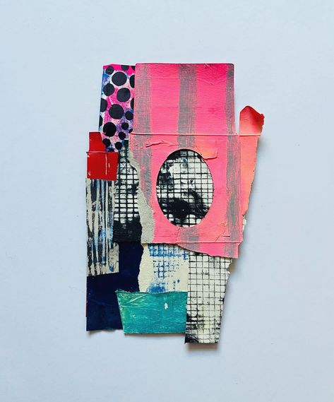 Cardboard packaging collage - screenprint and dry point etching 😀 Now available to purchase - https://www.sarahbagshaw.com/product/pink-and-turquoise-oval-grid Cardboard Collage Art, Dry Point Etching, Cardboard Collage, Paint On Cardboard, Patchwork Collage, Upcycling Art, Dry Point, Shape Ideas, Acrylic Background