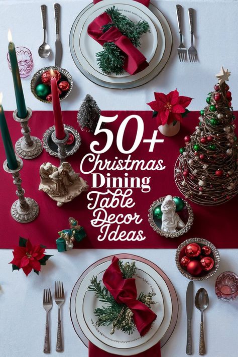 50+ Christmas Dining Table Decor Ideas Your Holiday Feast Deserves Red White And Silver Christmas Decor Holiday Tables, Place Card Ideas Christmas, Christmas Dining Table Place Settings, Red Christmas Table Decorations, Dinner Christmas Table, Red Tablecloth Christmas Table, Simple Holiday Tablescapes, Traditional Christmas Table Settings, Red And Green Christmas Table Decor