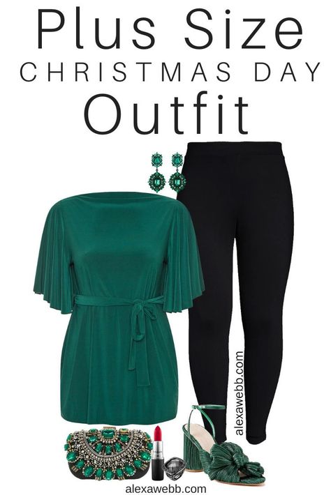 Plus Size Christmas Outfit Idea with green tunic, black leggings, green bow heels, and statement earrings - Alexa Webb #plussize #alexawebb Plus Size Tunic And Leggings Fall, Green Top Christmas Outfit, Plus Size Xmas Outfit, Plus Size December Outfits, Plus Sized Christmas Outfits, Plus Christmas Party Outfit, Company Holiday Party Outfit Plus Size, Christmas Party Plus Size Outfit, Curvy Christmas Party Outfit