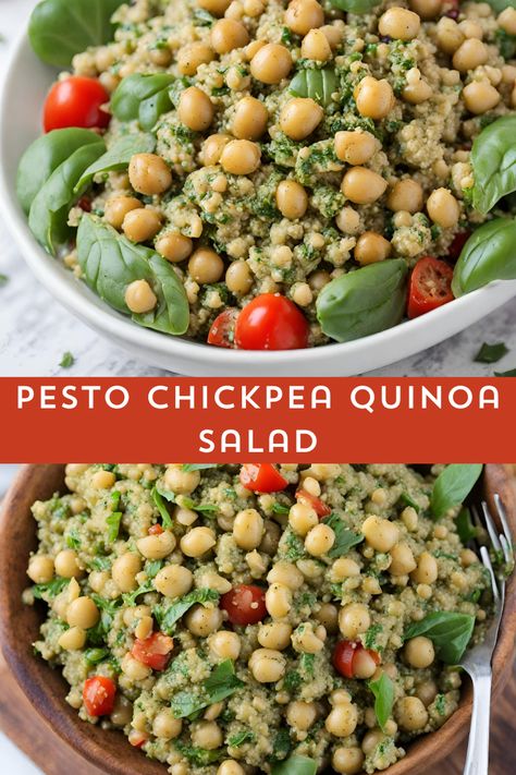 Delicious Pesto Chickpea Quinoa Salad: A refreshing blend of quinoa, chickpeas, cherry tomatoes, and cucumbers tossed in a flavorful basil pesto dressing. Quick, easy, and perfect for a healthy meal or side dish! #myskinnyrecipes #SaladRecipe #HealthyEating #QuinoaSalad Chickpea Pesto Salad, Tomato Basil Quinoa, Pesto Chickpea Salad, Chickpea Quinoa Recipes, Pesto Quinoa Salad, Quinoa Chickpea Recipes, Pesto Chickpea, Tomato Basil Recipes, Chickpea Quinoa Salad