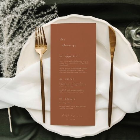 This minimalist terracotta wedding menu template has a simple design, perfect for any wedding! Use this template to edit the fonts, font colour, and background colour to match your event needs.

🤍 DEMO LINK:

https://templett.com/design/v2/demo/Lucy96/16861437

🤍 INSTANT DOWNLOAD:

- Access your template after your purchase.
- 100% editable: edit in your browser using TEMPLETT
- No need to download any software

🤍 WHAT'S INCLUDED:

Wedding Menu
- 4x9 inches
-PDF Instructions Guide Boho Wedding Menu Ideas, Boho Restaurant Menu Design, Wedding Menu On Plate, Rust Wedding Seating Chart, Terracotta Menu Card, Simple Wedding Menu, Wedding Menu Template, Sage Green Wedding, Envelope Design