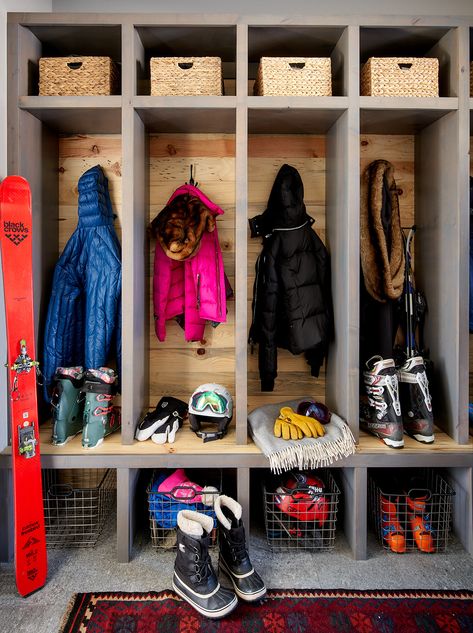 Mountain home ski locker mudroom Ski Storage Ideas Mud Rooms, Ski Room Storage, Ski Mudroom Ideas, Locker Storage Ideas, Locker Mudroom, Ski Mudroom, Cabin Mud Room, Closet Turned Mudroom, Dream Mudroom