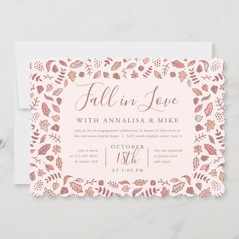 Blush Fall in Love Engagement Party Invitation  Zazzle Fall In Love Engagement Party, Sip And See Invitation, Pink Fall, Sip And See, Engagement Celebration, Baby Shower Pumpkin, Love Baby, Engagement Party Invitations, Colored Envelopes