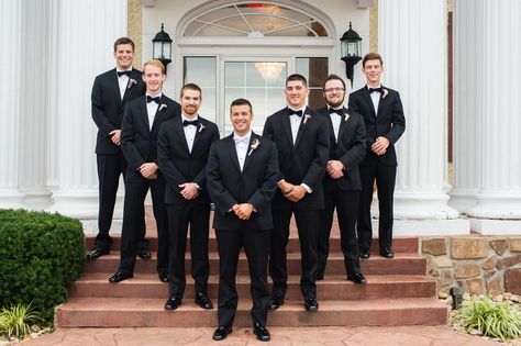 Black Bow Tie Groomsmen, Black Vest Men, Black Tuxedo White Bow Tie, Classic Black Tuxedo With Bow Tie, Groomsmen Black Suit Bowtie, Groom Black Suit Bow Tie, Classic Tuxedo With Satin Bow For Black-tie Events, Black Groomsmen, Tuxedo Bow Tie