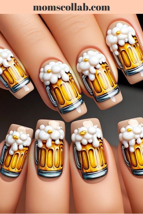 Whether you’re toasting with friends or enjoying a quiet night in, these nail art ideas are the perfect way to show off your love for beer. Beer Nail Designs, Oktoberfest Nails, Beer Nails, January Nail Designs, National Beer Day, Duff Beer, Heart Nail Designs, January Nails, Squoval Nails