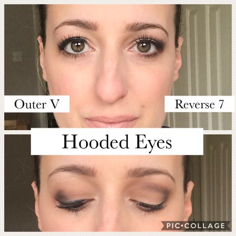 Eyeliner Tricks For Hooded Eyes, Hooded Eye Make Up Looks, Makeup Ideas Natural Hooded Eyes, Reverse Seven Eye Makeup, Hooded Eye Hacks, Best Makeup For Hooded Eyes, Hooked Eyes Makeup, Reverse Eyeliner Make Up, Reverse 7 Eyeshadow