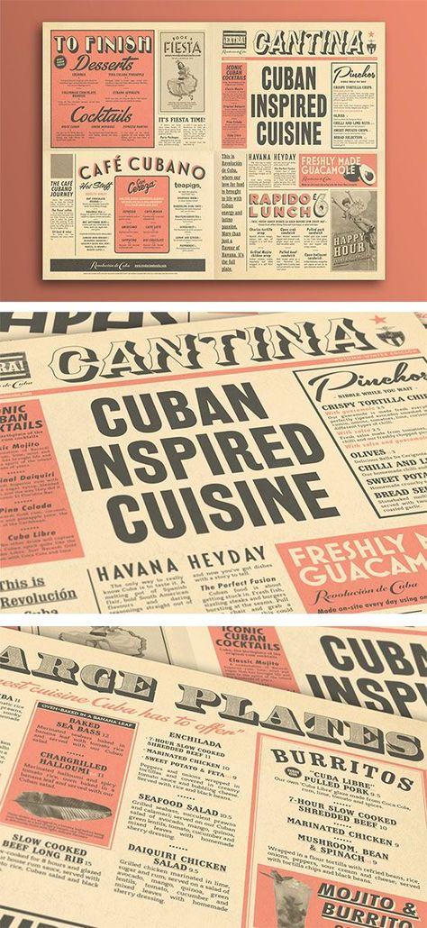 Cuban Cantina Newspaper Style Food Menu Design. Graphic Design, Typography, Illustration  by www.diagramdesign... Menu Design Inspiration, Menu Layout, Menu Inspiration, Typography Illustration, Food Menu Design, Flyer Design Inspiration, Newspaper Design, Restaurant Menu Design, Design Brochure