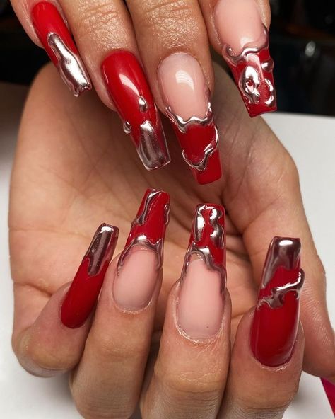 Dark Red And Silver Nails, Red And Silver Nails, Red Chrome Nails, Artistic Nails, Dark Nail, Red Chrome, Chrome Nails Designs, Punk Nails, Edgy Nails