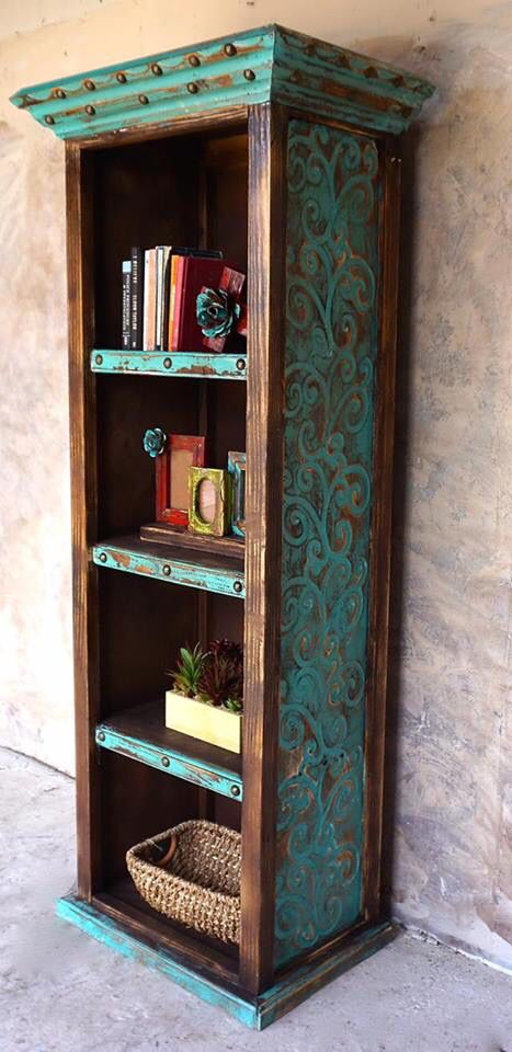 . Southwest Furniture Makeover, Funky Bookcase, Southwestern Painted Furniture, Painted Furniture Southwestern, Southwest Bookshelf, Southwest Furniture Painted, Odd Decor, Classy Farmhouse, Rustic Hutch