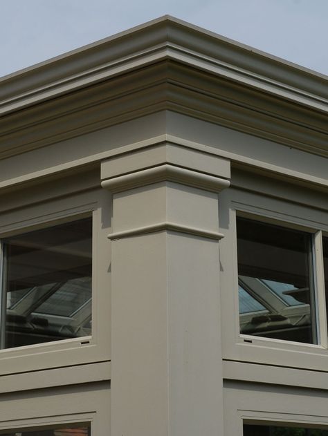 Detail of a corner pilaster capital Single Storey Extension, Cornice Design, Stone Ideas, Cement Design, Roof Lantern, Classic House Exterior, Front Porch Design, Latest House Designs, Modern Bungalow House