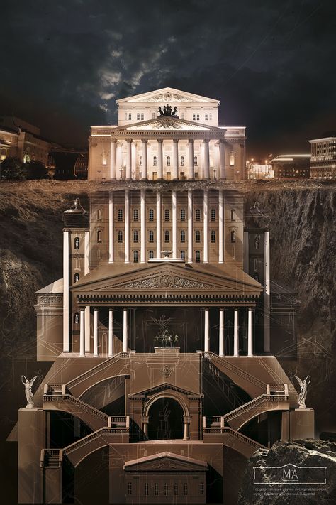 Bolshoi Theatre on Behance Surfaces Architecture, Bolshoi Theatre, Rpg Map, Below The Surface, 판타지 아트, Futuristic Architecture, Historical Architecture, Iconic Landmarks, The Building