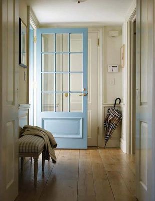 light blue door Pintu Interior, Painted Interior Doors, Blue Front Door, Wide Plank Flooring, 아파트 인테리어, Front Door Colors, Hus Inspiration, Blue Door, Door Color