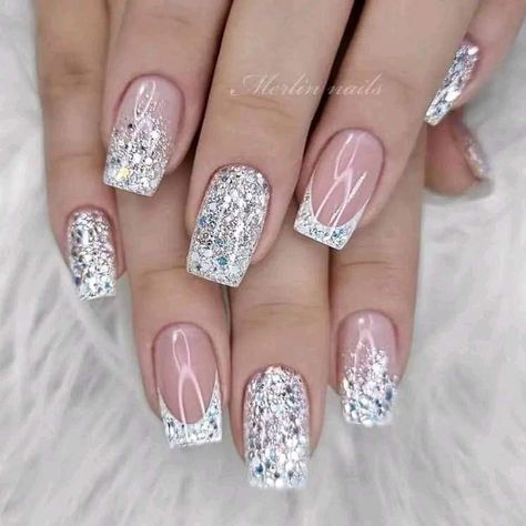 Coffin New Years Nails Sparkle, Christmas And New Year Nails Glitter, Summer Wedding Guest Nails Ideas, French Bling Nails, Bachelorette Nails The Bride, Bachelorette Nail Ideas, Vacation Nails Coffin, Mylar Nails, 21st Birthday Nails