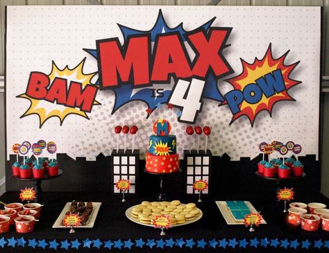 Mega Max turns 4 - Super Hero Hero Birthday Party Ideas, Super Hero Birthday Party Ideas, Super Hero Birthday Party, Hero Birthday Party, 4de Verjaardag, Superman Party, Super Hero Birthday, Marvel Birthday Party, Superman Birthday