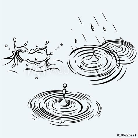 Stock Image: Rain drops in the water. Isolated on blue background. Vector silhouettes Ripple In Water Drawing, Water Splash Tattoo, Drawing Rain, Water Sketch, Rain Tattoo, Water Vector, Rain Illustration, Water Illustration, Water Drawing