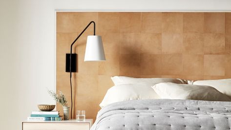 These tactile squares are surprisingly versatile. The rich, buttery one-eighth-inch-thick sealed cowhide tiles we mounted in this master bedroom could also cover a tray, a desktop, or (now we're talking) a walk-in closet's floor. Tiled Headboard, Easy Renovations, Nightstand Styling, Gorgeous Tile, Leather Headboard, Comfy Pillows, Side Tables Bedroom, Bedroom Color Schemes, Tutorial Diy