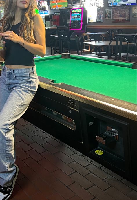 Pool table, bar, night, baggy jeans, black crop top, black tank top, bar aesthetic, pool table aesthetic, picture ideas, Pool Bar Outfit, Aesthetic Pool Table, Pool Table Aesthetic, Pool Table Photoshoot, Pool Table Bar, Baggy Jeans Black, Aesthetic Picture Ideas, Aesthetic Pool, Bar Aesthetic