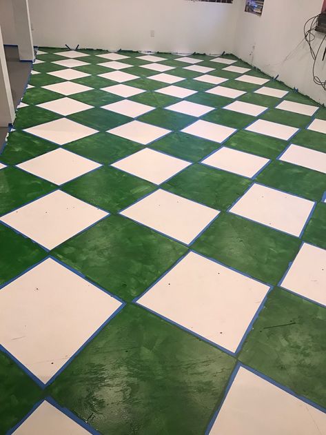 DIY checkerboard floor tutorial | The Stripe Funky Flooring, Tile Checkered Floor, Diy Checkered Floor, Diy Checkerboard Dance Floor, Green Checkered Dance Floor, Green Checkerboard Floor, Green And White Checkered Floor, Green Checkered Floor, Green White Checkered Floor