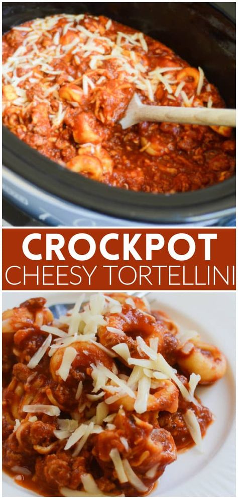 Slow Cooker Cheesy Tortellini - cheese tortellini with ground turkey, pasta sauce, and 2 kinds of cheese all cooked in the slow cooker! A family favorite! Cheese Tortellini In Crockpot, Slow Cooker Cheesy Tortellini, Cheese Tortellini Recipes Crockpot, Crockpot Cheesy Tortellini, Crockpot Cheese Tortellini, Turkey Pasta Sauce, Tortellini Recipes Crockpot, Slow Cooker Tortellini, Crockpot Ground Turkey