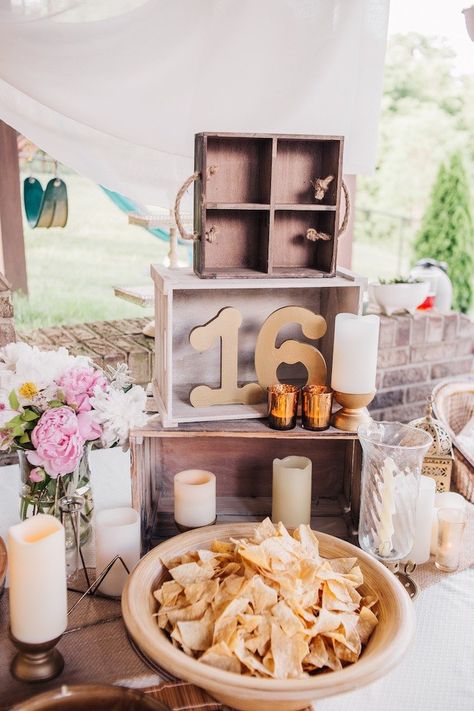 Stacked Wood Crates + Food Table from a Boho Sweet Sixteen Birthday Party on Kara's Party Ideas | KarasPartyIdeas.com (11) Rose Gold Table Setting, Birthday Party 16, Sweet 16 Party Themes, Sleepover Party Games, Rose Gold Table, Alice In Wonderland Decorations, Sweet Sixteen Birthday Party Ideas, Sweet 16 Themes, Boho Birthday Party