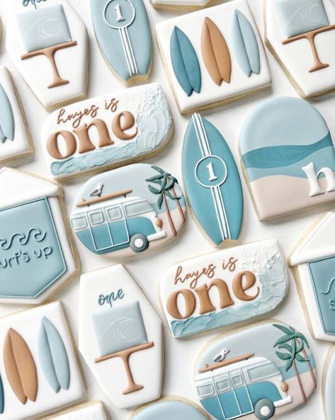 Surf Board Cookies, The Big One Birthday Cookies, The Big One Surf Birthday Cookies, The Big One Cookies, Surf Cookies, Surf Birthday Party, Surfer Baby, Boys First Birthday Cake, Surf Birthday