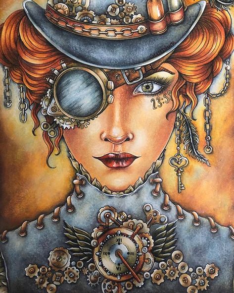 I had so much fun coloring this 🖤🧡🖤Steam Punk Lady🖤🧡🖤from Själsfränder, Hanna Karlzon🧡This time I used Prismacolor🖤🧡🖤[Werbung]… Steampunk Art Drawing, Steampunk Coloring Book, Steampunk Drawing, Steampunk Images, Steampunk Coloring, Steampunk Illustration, Steampunk Crafts, Hanna Karlzon, Steampunk Art