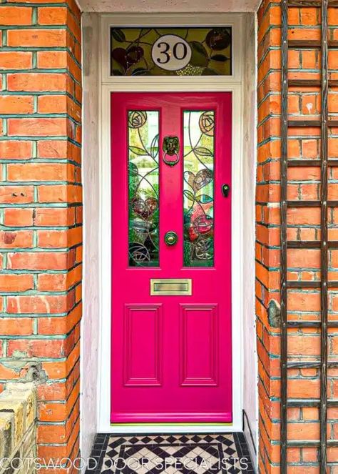 Pink Nouveau Victorian Door fitted into a london home. Antique brass door furniture. Bespoke stained glass with a rennie mackintosh theme. Glass above door with number in stained glass Front Door Victorian, Entrance Tiles, Stained Glass Front Door, Victorian Front Door, Pink Stained Glass, Victorian Doors, Georgian Doors, Pink Front Door, Victorian Door