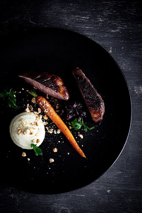 Cherry Glazed Duck Breast, Celeriac Puree, Roasted Carrot & Hazelnuts Celeriac Puree, Cherry Glaze, Roasted Carrot, Roasted Fennel, Beef Fillet, Duck Breast, Potato Puree, Fine Dining Recipes, Roasted Carrots