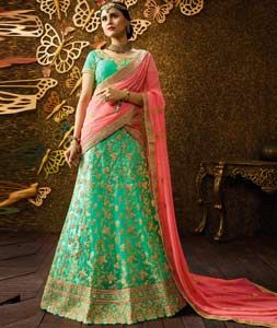 Sea Green Net A Line Lehenga Choli 102628 Contrast Dupatta, Latest Sarees Online, Green Lehenga Choli, Onion Pink, Party Wear Sarees Online, Wedding Sarees Online, Sari Design, Wedding Lehenga Designs, Party Wear Lehenga Choli