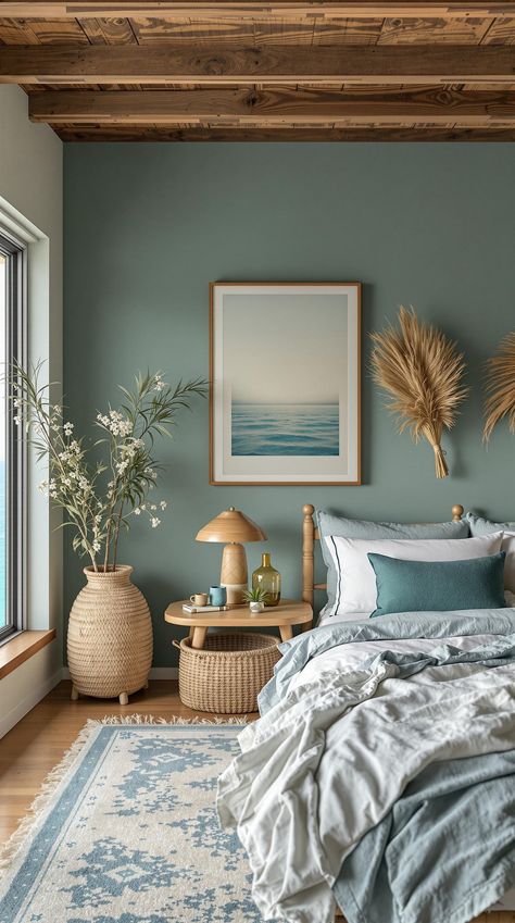 Coastal Boho Bedroom Beach Colours Bedroom, Coastal Romantic Bedroom, Ocean House Interior, Sea Inspired Room Decor, Ocean Guest Room, Cozy Main Bedroom Ideas, Coastal Spare Bedroom Ideas, Driftwood Bedroom Decor, Bedroom Hamptons Style