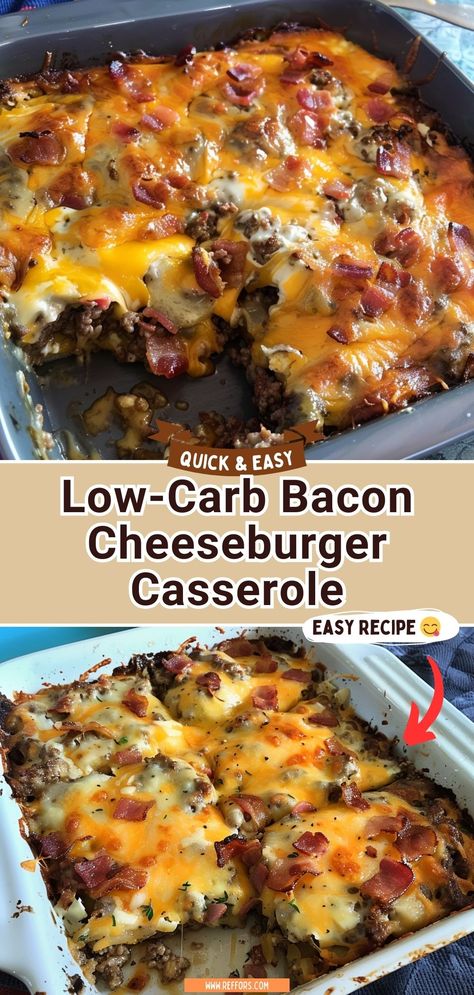 Dive into the indulgent flavours of a classic favourite with our Low-Carb Bacon cheeseburger casserole. It's like enjoying the juicy, savory essence of a bacon cheeseburger, but in a hearty, keto-friendly casserole form. With layers of seasoned ground beef, crispy bacon melted cheese, and a touch of pickles for zest, this dish is a guilt-free way to satisfy those burger cravings without straying from your low-carb goals. #KetoComfort #BaconCheeseburger #LowCarbLove Lazy Keto Ground Beef Recipes, Keto Hamburger Casserole Recipes Easy, Keto Meals Hamburger Meat, Keto Casserole With Ground Beef, Keto Cheesy Hamburger Broccoli Casserole, Keto Hamburger Skillet Recipes, Hamburger Casserole Recipes Low Carb, Healthy Burger Casserole Recipes, Keto Recipe Using Ground Beef