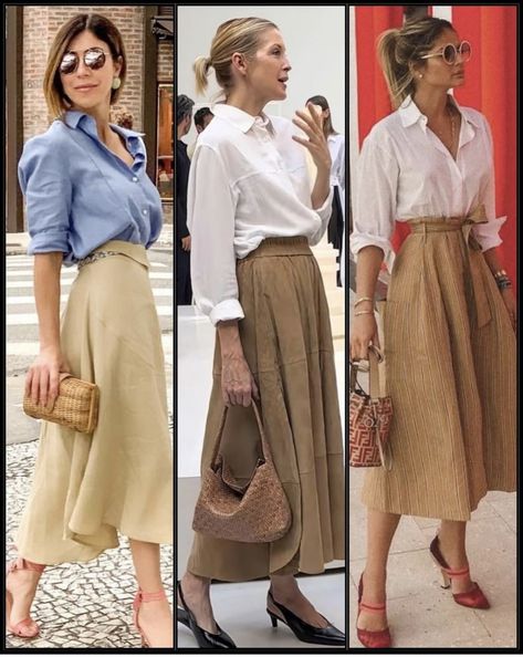 Khaki Long Skirt Outfit, Khaki Skirt Outfit, Khaki Skirt Outfits, Modest Street Fashion, Fall Fashion Staples, Smart Casual Wear, Over 60 Fashion, Well Dressed Women, Chic Skirts