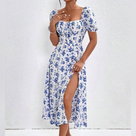 From Shein. New - Never Used White And Blue Sundress, Cowgirl Senior Pictures, White And Blue Dress, Blue Flower Dress, Blue Sundress, White And Blue Flowers, Date Dresses, Graduation Dresses, Long White Dress