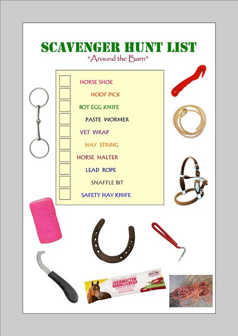 My own personal favorite scavenger hunt list for things around the barn! Great teaching tool and fun too! Pony Camp Ideas, Pony Club Activities, Horse Summer Camp Ideas, Pony Camp Activities, Horse Camp Games, Horse Camp Ideas, Horse Games For Kids, Horse Camp Crafts, Equine Therapy Activities