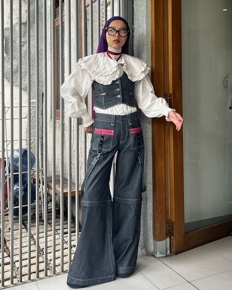 YAAYYY!! enjoy ur weekend 👀🖤🤍 outfit deetz: white shirt top —— @beanthescene vest —— @mingalondon pants —— @mingalondon . . . . . . . . . . . . Outfit Repeater. Black and Red Outfit. Lace outfit. Dark Coquette. Lace Blouse. Outfit Inspo. Emo Inspired outfit. Semi Maximalist. Layering. Pinstripe vest and Pants. #ootd #outfitinspo #styleinspo Blouse Layering Outfit, Outfit Inspo Emo, Lace Blouse Outfit, Black And Red Outfit, Maximalist Outfits, Pinstripe Vest, Outfit Repeater, Outfit Dark, Coquette Outfit