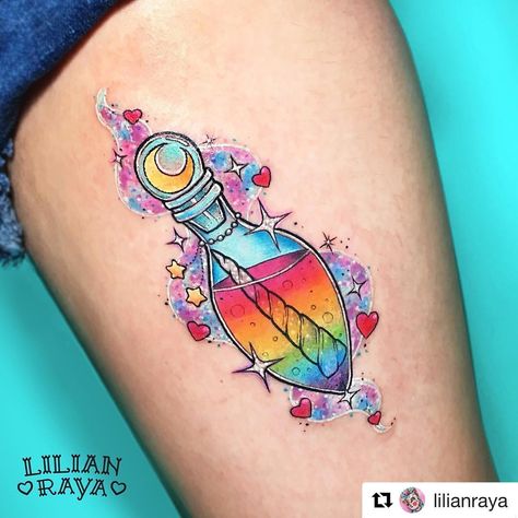 #Repost @lilianraya (@get_repost) ・・・ Unicorn blood. 💖🦄🌈✨💎🔪 #unicorn #rainbow #rainbowtattoo #unicorntattoo #potion #potiontattoo… Unicorn Tattoo, Colorful Tattoo, Rainbow Tattoos, Bottle Tattoo, Unicorn Tattoos, Kawaii Tattoo, Halloween Tattoo, Tatuaje A Color, Badass Tattoos