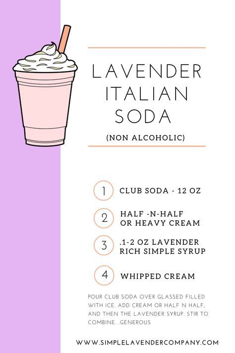 Lavender Frappe Recipe, Lavender Italian Soda, Mixed Soda Recipes, Lavender Syrup Drink Recipes, Lavender Drinks Non Alcoholic, Italian Soda Recipes, Lavender Soda, Italian Soda Recipe, French Soda