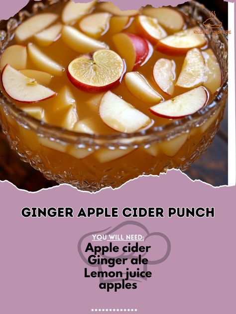 🍎🍹 Refresh with Ginger Apple Cider Punch—a vibrant blend of apple cider and zesty ginger that’s perfect for any fall gathering! 🍂✨ #GingerAppleCiderPunch #FallRefreshers Ginger Apple Cider Punch Ingredients: Apple cider (2 cups) Ginger ale (1 cup) Lemon juice (1/4 cup) Sliced apples (1/2 cup) Ice cubes (as needed) Instructions: Mix apple cider, ginger ale, and lemon juice in a punch bowl. Add sliced apples and ice cubes. Stir well. Enjoy the crisp and refreshing Ginger Apple Cider Punch a... Cider Punch, Apple Cider Punch, Sliced Apples, Fall Gathering, Alcohol Drinks, Hearty Dinner, Sweet Snacks Recipes, Light Lunch, Ginger Ale