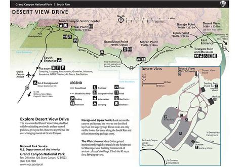 Map of Desert View Drive on the S.Rim of Grand Canyon National Park. an overview is shown at the top, showing the entire length of the drive. On the right, an insert of the Desert View area. Grand Canyon Map, Grand Canyon South Rim, Trip To Grand Canyon, Arizona Vacation, Hiking Trips, National Park Vacation, Arizona Travel, Anniversary Trips, Grand Canyon National Park