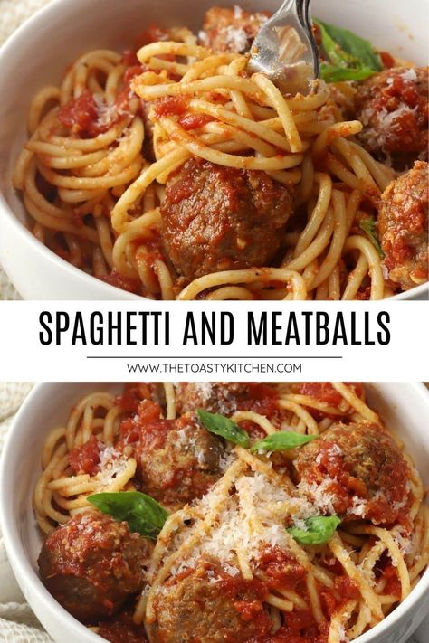 Homemade spaghetti and meatballs recipe by The Toasty Kitchen. Homemade spaghetti and meatballs is a classic comfort food recipe that kids and adults alike will enjoy. Juicy meatballs are served over al dente pasta in a simple, yet flavorful, homemade marinara sauce. Spaghetti Balls With Meat Sauce, How To Make Spaghetti Meatballs, Homemade Spaghetti And Meatballs Recipe, Healthy Spaghetti And Meatballs, How To Make Meatballs For Spaghetti, Meatball Recipes For Spaghetti, Homemade Meatballs For Spaghetti, Spaghetti Meatball Recipe, Spaghetti And Meatball Recipes