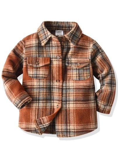 Toddler Boys Plaid Button Through Overcoat | SHEIN USA Kids Winter Jackets, Fall Flannel, Toddler Jacket, Flannel Shirts, Boys Plaid, Winter Shirts, Fan Shirts, Bell Bottom Pants, Boys Long Sleeve