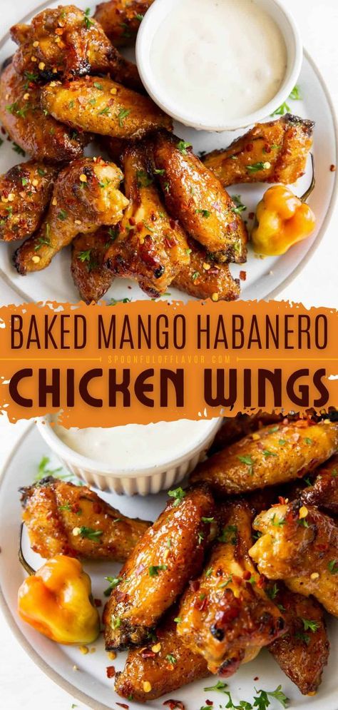 Mango Habanero Chicken Wings, Mango Habanero Chicken, Baked Mango, Habanero Chicken, Gameday Pin, Party Finger Food, Gameday Party, Chicken Wing Recipes Baked, Sweet And Spicy Chicken