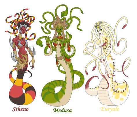 There are many misconceptions today about Medusa, but one of them was that Medusa and her sisters (Gorgon Sisters) were born of monstrous form. Gorgon Drawing, Madussa Art, Gorgon Sisters Tattoo, Female Gorgon, Medusa Fanart, 3 Gorgon Sisters, Euryale Gorgon, Gorgon Character Art, Medusa Sisters