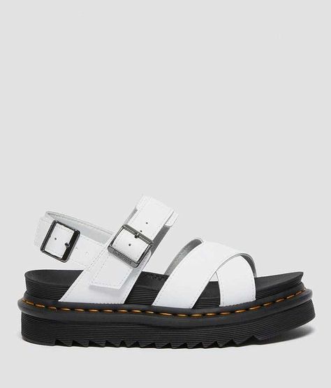 Dr. Martens Voss II Hdyro Leather Flatform Sandal - White US 8, Women's White Hydro PU-coated leather strappy sandal Double adjustable ankle straps Color pop stitch ripple tread sole Goodyear welt SoftWair™ cushioned footbed 1 7/8 heel with a 1 1/2 platform. Due to the nature of leather/suede, small variances of color in the skin may occur, this is in no way considered a defect. These are inherent characteristics of leather/suede and will enhance the individual look of your garment.. PU Coated L Double Strap Leather Sandals, Leather Strapped Sandals With Buckle Closure, Strapped Leather Sandals With Buckle Closure, Leather Platform Strappy Sandals, Leather Strappy Platform Sandals, Strapped Leather Platform Sandals, Leather Open Toe Sport Sandals With Strap, White Leather Platform Footbed Sandals, White Leather Double Strap Sandals