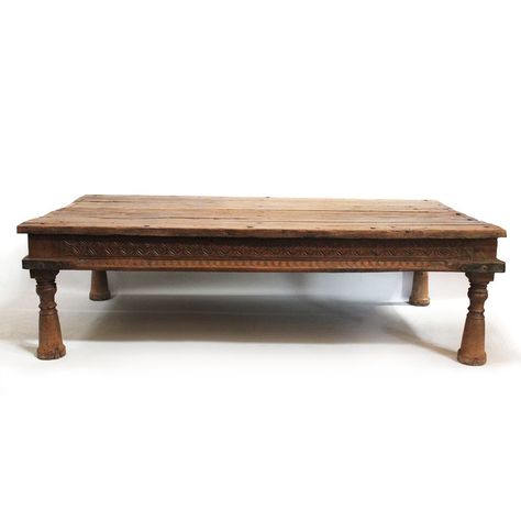 Original teak coffee table with carved border turned legs and iron brackets at the corners.  One of a kind original piece from India. Indian Coffee Table, Tall Doors, Acrylic Coffee Table, Removable Shelves, Iron Brackets, Contemporary Coastal, Teak Coffee Table, Wood Tones, Acrylic Table